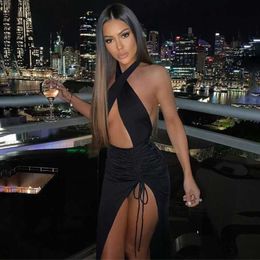 Urban Sexy Dresses Townlike Halter Drstring Sexy Bodycon Bandage Dress Women 2021 Summer Dress Split Hollow Out Backless Long Maxi Dresses L230711