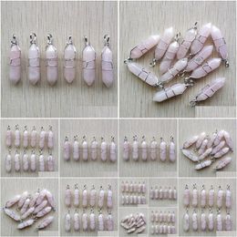 Charms Assorted Natural Stone Pink Quartz Handmade Iron Wire Pendants Point Hexagonal Pillar Pendant For Diy Jewellery Making Gemstone Dhlmc