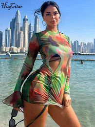 Urban Sexy Dresses Hugcitar Tie Dye Long Flare Sleeve Shirring Hollow Out Lace Up Sexy Slim Mini Dress Summer Women Elegant Party Vacation Outfit L230711