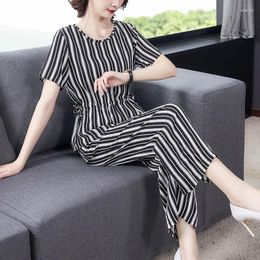 Women's Two Piece Pants Plus Size 2-piece Set Middle-aged Mother Suit 2023 Summer Short Sleeve Lacing Waist Tops Nine-point Print Women Sets