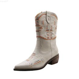 Boots New Brand Embroidered Western Cowboy Boots for Women Square Med Heels Pointy Toe High Quality Knee High Boot Women Shoe L230711