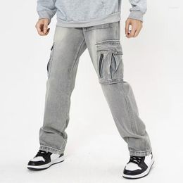 Jeans da uomo Idopy Multi-tasca Cargo Straight Pantaloni da motocicletta vintage Hip Hop Street Style Denim Pantaloni