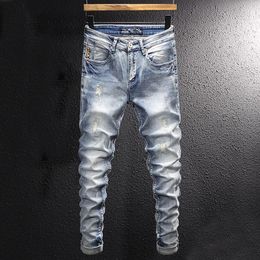 Men's Jeans Fashion Streetwear Men Retro Light Blue Elastic Slim Fit Ripped Embroidery Designer Vintage Casual Denim Pants