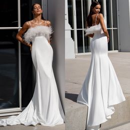 Wedding Feathers Spaghetti Dresses Mermaid Glamourous Satin Dress Backless Robe De Mariee Bridal Gowns