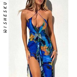 Urban Sexy Dresses Sexy Halter Cut Out Ruffle Maxi Dress Women Backless Print High Slit Casual Vacation Sundress 2023 Summer Beach Y2K Clothes L230711