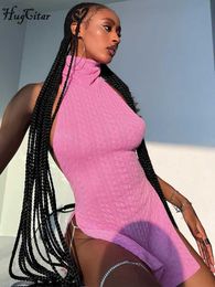 Urban Sexy Dresses Hugcitar Knitted Pink Turtleneck Sleeveless Backless Side Slit Sexy Mini Dress Spring Women Fashion Festival Streetwear Outfit L230711