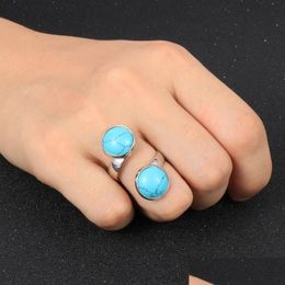 Solitaire Ring Natural Gem Stone Rings For Women Round Turquoises Pink Quartz Amethyst Crystal Tiger Eye Adjustable Open Finger Drop Dh6Lf