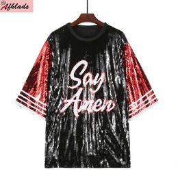 Women s T Shirt Summer Night Club Letter Sequins Hip Hop Short Sleeve Striped Patchwork Round Neck Straight Streetwear 230711