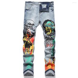 Men's Jeans Men Skull Devil Flame Print Punk Graffiti Painted Stretch Denim Pants Holes Ripped Distressed Slim Straight Trousers