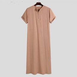 Ethnic Clothing Summer Muslim Middle East Arab Dubai Malaysia Female Short Sleeve Shirt Solid Color Zipper Islamic Robe Men's Casual