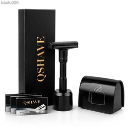 QShave Luxurious Black Adjustable Safety Razor kit Men's Shaving kit Holder + Razor + Blade Disposal Case +15 Blades set L230520