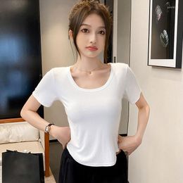 Women's T Shirts Summer S Solid Color Short Sleeve Korea Stylish Basic U-Neck Slim Spring Female Tops Autumn Casual Outfits C5046