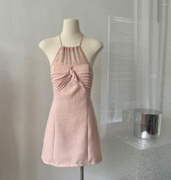 Casual Dresses 2023 Summer Women Pink Dress Heavy Industry Bling Diamond Halter Neck Women's Slim Waist Sexy But Cute Short