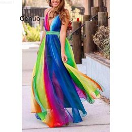 Urban Sexy Dresses 2021 Novelty Chic Design Mesh Dress Rainbow Colour Spaghetti Strap Summer Beach Maxi Dress Vestidos L230711