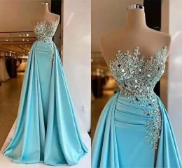 Evening Blue Mermaid Dresses Overskirt Sequins Sleeveless Lace Designer Scoop Neck Floor Length Custom Made Formal Ocn Wear Arabic Prom Gown Vestidos