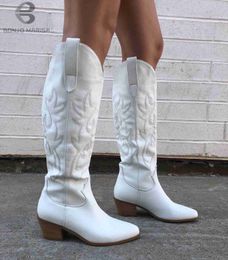 Boots Women's white Cowboy boot 2022 Stacked heels pulled on mid calf boots embroidered autumn and winter shoes west knee high boots L230711