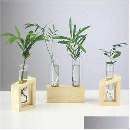 Planters Pots Glass Vase Transparent Vintage Wooden Frame Flower Arrangement Test Tube Hydroponic Flowerpot Desktop Decoration For Dhn7X