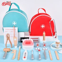 Tools Workshop Doctor Toys for Children Wooden Pretend Play Kit Set Games for Girls Boys Simulation Red Dentist Medicine Cloth Bags 230710