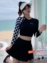 Women's Swimwear Plaid Sleeve Patchwork Women Summer Split Ladies Students 2023 High Waisted Boxer Korean Style Long Swimsuits