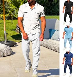 Mens Tracksuits Fashion Streetwear Cotton Linen Two Piece Sets Lapel Short Sleeve Shirt Long Pants Men Suits Summer Solid Loose Man Outfits 230710