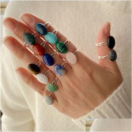 Solitaire Ring Natural Stone Sier Colour Agates Rings For Women Reiki Healing Crystal Handmade Trendy Jewellery Party Gift Drop Delivery Dh9Kf