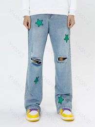 Men's Jeans Fashion Letter Star Embroidery Baggy Men Hip Hop Pants Ripped Hole Straight Vintage Denim Trousers Pantalon Homme