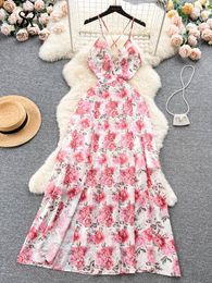 Casual Dresses SINGREINY Summer Sexy Long Dress Women Spaghetti Strap Cross Lace Up Backless Floral Print Fahion Beazh Style A Line Sundress