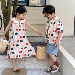 Kids Shirts 2023 Summer Children Brother Sister Matching Clothes Boy Full Print Lapel Shirt Girls Doll Collar Vest Dress Sibling Outfits 230711