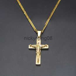 Pendant Necklaces Men Stainless Steel Gold Plated Jesus Cross Pendant Necklaces 24inhces Cuban Chain Fashion Rock Punk Jewellery x0711 x0711