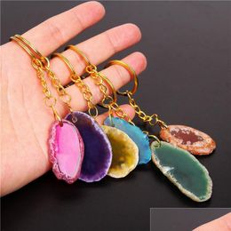 Key Rings Irregar Natural Agates Slice Chain For Women Handbag Hangle Men Car Holder Handmade Healing Reiki Druzy Keyring Jewelry Dr Dhu30