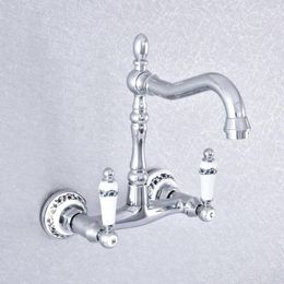 Bathroom Sink Faucets Chrome Brass Dual Handle Duals Hole Wall Mount Basin Faucet Kitchen Vanity Cold Water Taps Dsf770