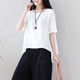 Women's Blouses INBOX Short Sleeve White Shirt Woman Loose Casual Cotton And Linen Tops Easy Style Simple Irregular Blouse Female