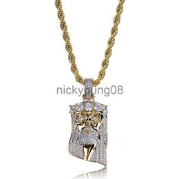 Pendant Necklaces New Copper Gold Color Plated Iced Out Jesus Face Pendant Necklace Micro Pave CZ Stone Hip Hop Bling Jewelry x0711