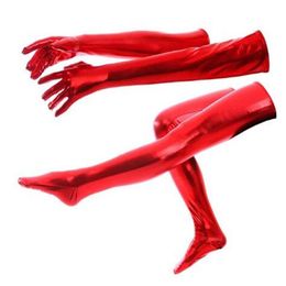 Adult kids Unisex Long Shiny Metallic Gloves and Tights High Stockings Halloween Cosplay Accessory2395