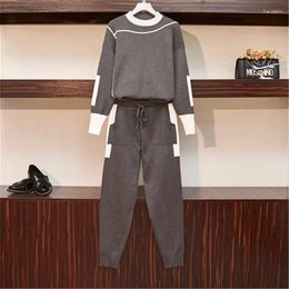 Women's Two Piece Pants L-4XL Autumn Winter Women Knitted Tracksuit 2-piece Suite Long Sleeve Sweater Pullover Set Elastic Waist Knit