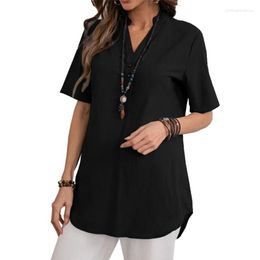 Women's T Shirts Women Summer Casual Short Sleeve Loose Tunic Shirt Button Front V-Neck Plain Solid Color Curved Hem Pullover Blouses Top