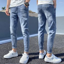 Men's Jeans Mens Spring Summer Elastic Ripped Holes Zipper Slim-Fit Cotton Korean Style Trendy Cropped Trousers Denim Pencil Pants