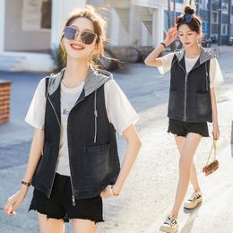 Women's Jackets Summer Short Denim Hooded Waistcoat Casual All-Match Simple Zipper Temperament Outerwear Loose Fashion Patchwork Tops