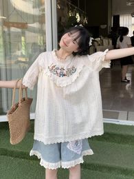 Women's Blouses Female Japanese Vintage Embroidery Collar Sweet White Loose Shirt Short Sleeves Top Summer