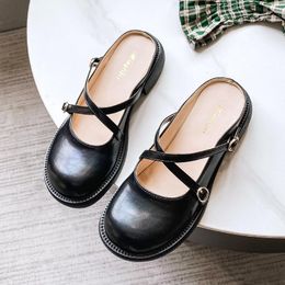 Slippers 41-43 Big Size Round Toe Women Soft Leather Mules Slides Shoes Cross Band Belt Sandalias Med-high Heels