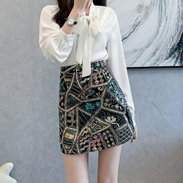 Skirts Sheepskin Leather Skirt Women's 2023 Casual Ethnic Style High Waist A-line Slim Wrap Hip Embroidery Sequin Short Lady