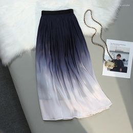 Skirts Korean Fairycore Long Skirt Elegant Shiny Gauze Gradient Womens A Line Midi Female High Waist Pleated Saias