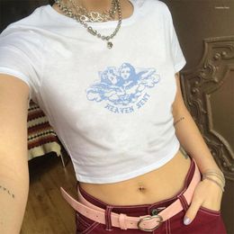 Women's T Shirts Casual Cute Angel Print Short Sleeve Patchwork Crop Top Summer Women Sexy Skinny Shirt Female Streetwear Tee Tops