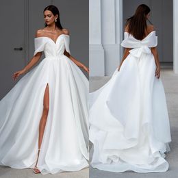 Sexy A Line Dresses for bride Off Shoulder Organza Wedding Dress Bow Knot Backless Ruched Slit Long designer bridal gowns sweep train