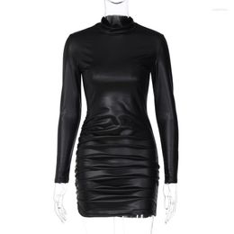 Casual Dresses Leather O Neck Long Sleeve Black Draped Sexy Slim Mini Prom Dress Winter Women Elegant Birthday Party Clothes2023