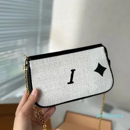 Summer Women Woven Handbag Hobo Bag Chain Shoulder Crossbody Embroidery Letter Printing Lafite Grass Weaving Leather Edging Zipper Closure Detachable Chain