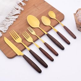 Dinnerware Sets Gold Wood Handle Stainless Steel 6Pcs Western Tableware Steak Dessert Coffee Cooking Knife Fork Spoon Dinning Room Creative