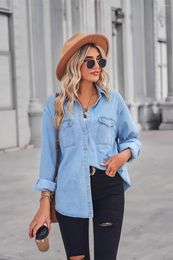 Women's Blouses Denim Shirts 2023 Summer Turn-Down Collar Long Sleeve Button Loose Mid-Length Coat Vintage Jackets Ladies Streetwear