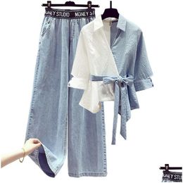 Women'S Two Piece Pants Womens Summer Solid Color Plus Size Korean Block Shirt Jeans Fashion High Waist Loose Casual Jean 2-Piece Se Dhlab