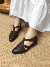 Sandals Summer Leather Mary Jane Women Handmade Square Heel Shoes Woman Genuine Sandalia Feminina Brand2023